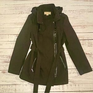 Michael Kors Dark Green Belted Asymmetrical Trench Coat with Hood